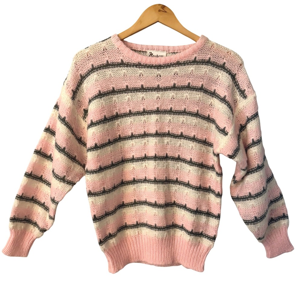 Vintage Nasharr Women Sz L Pink Cream Striped Pointelle Knit Sweater Retro 80s